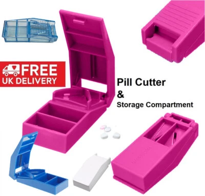 PILL CUTTER Splitter Half Storage Compartment Box Medicine Tablet Holder Safe UK - Image 1 of 4