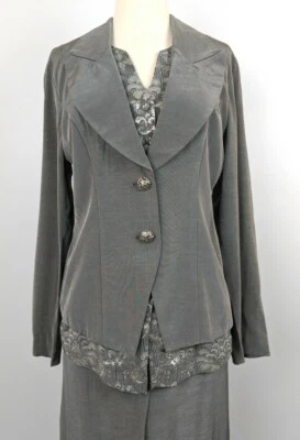 Cache Silver Metallic Pant Suit Women's Size 6 Victorian Steampunk Vest Blazer - Image 1 of 4