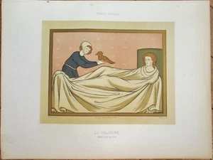 Stampa religiosa francese La Calandre 1890, allodola uccellino tenuto sopra persona malata, litografia - Foto 1 di 1