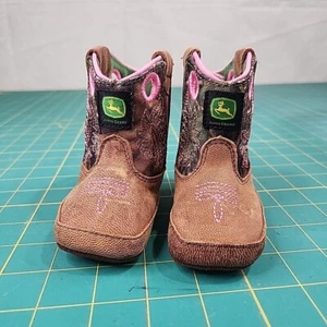 John Deere Soft Cowboy Boots Crib Shoes Size 2M Baby Infant Tiny Booties Pink - Picture 1 of 18