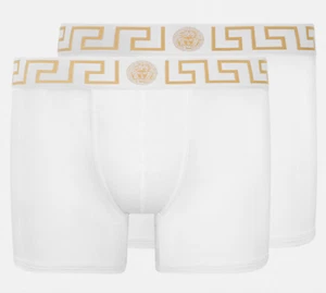 NWT Versace Greca Border Medusa White Greek Key Logo 2 Pk Long Trunk Boxers 3 XS - Picture 1 of 20
