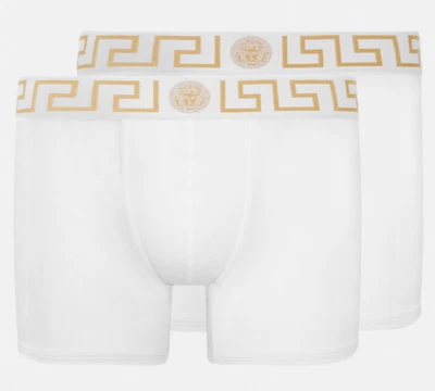 NWT Versace Greca Border Medusa White Greek Key Logo 2 Pk Long Trunk Boxers 3 XS - Image 1 of 4