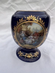 Vin Limoges China Cobalt Blue Gilt Globe Vase Chinoiserie Victorian Family Scene - Picture 1 of 16