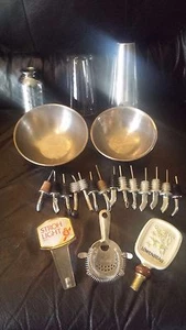 BARTENDER'S EQUIPMENT 14 POURERS, 2 TAP HANDLES, 2 STAINLESS BOWLS, SHAKER SET  - Picture 1 of 1