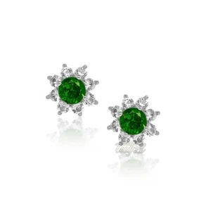 $599-3.25ct NATURAL CHROME DIOPSIDE & WHITE TOPAZ FLOWER EARRING STUDS 925/14KPL - Picture 1 of 10
