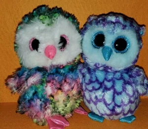 TY BEANIE BOOS OWEN AND OSCAR OWLS RAINBOW BLUE PURPLE 6" PLUSH STUFFED ANIMAL - Picture 1 of 12
