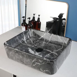 Fregadero de cerámica para baño de mármol de 18,9" rectangular lavabo cuenco combo grifo drenaje - Imagen 1 de 10