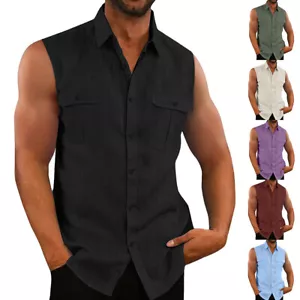 Mens Button Down Sleeveless T-Shirt Blouse Holiday Beach Casual Vest Tops Cami - Picture 1 of 46