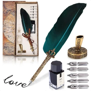 Vintage Feather Quill Pen and Ink Set - Elegant Blue Feather Pen and Ink Set ... - Picture 1 of 9