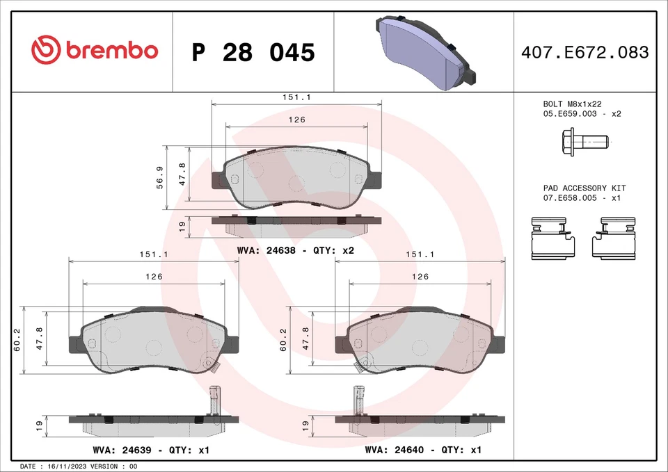 BREMBO P 28 045 BRAKE PAD SET, DISC BRAKE FRONT AXLE FOR HONDA - Image 1 of 4