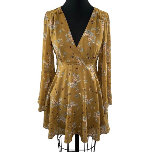 VETEMENTS FREE PEOPLE Mini Abito Giallo Senape Stampa Floreale Manica a Campana Lilou Taglia S