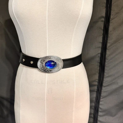 Western Belt Blue Buckle Rhinestone Black Leather Cowboy Hobbs Adjustable Hippie - Image 1 of 4