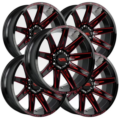 (Set of 5) Off-Road Monster M25 22x12 5x5" -44mm Black/Red Wheels Rims 22" Inch - Image 1 of 4