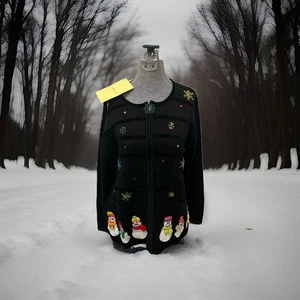 Vtg The Quacker Factory Full Zip Beaded Embroidered  Snowman Sweater Large NWT - Picture 1 of 9