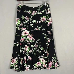 CAbi Flared Skirt Womens 0 Black Multicolor Floral Print Boho Cottagecore Church - Picture 1 of 5