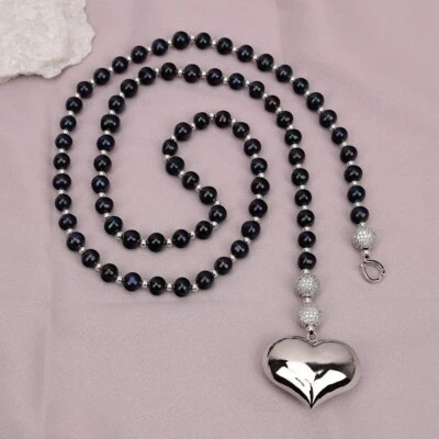 Collar largo de perlas redondas negras naturales de 38"" con bola de circón colgante de corazón de plata Foto 1 de 4