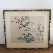 Original Signed Japanese Silk Painting Blue Bird, Peony & Cherry Blossoms Framed