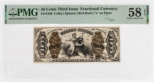 Fr-1346, 50c Justice, "a" /Red Back, Third Issue, US Fractional, PMG 58 EPQ - Picture 1 of 4