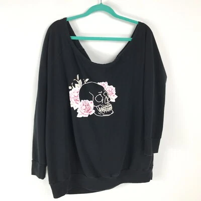 Torrid Off Shoulder Sweatshirt Women's Plus Size 2/2X Cozy Fleece Skull Black - Image 1 of 4