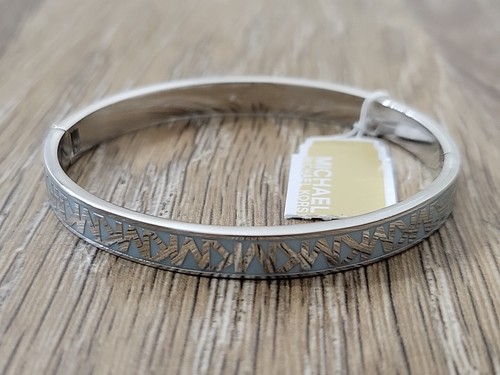 NEW MICHAEL KORS MK Logo Baby Blue Silver Hinge Bangle Bracelet NWT Tags $150