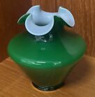 Vintage Fenton Green Ivy Overlay Ruffled Cased Glass Vase 5.5"