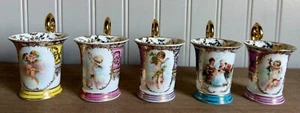 Vtg set (5) Porcelain Dresden Demitasse Cherub Tea Cup w/ gold accents Beehive - Picture 1 of 12