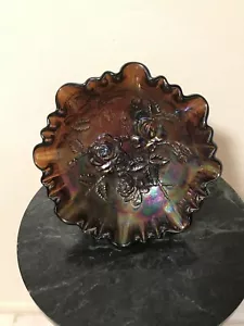 VTG Imperial Open Rose Amethyst Carnival Glass Bowl Ruffled footed Iridescent - Picture 1 of 9
