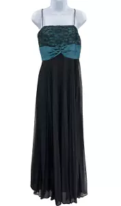 Y2K Alex Evenings abito stravagante nero verde acqua maxi pizzo raso abito ballo -6 LEGGI - Foto 1 di 15