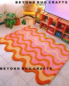 Irregular Orange Pink Hand Tufted Scallop Area Rug Runner Rug Quality Rug 9x12.. - Picture 1 of 5