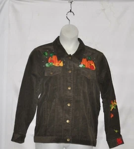 Quacker Factory Embellished Embroidered Pumpkin Corduroy Jacket Size M Olive - Picture 1 of 2