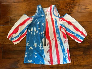 Unbranded Women's Shirt Size Medium Red White and Blue Cold Shoulder SS Zipper - Picture 1 of 6