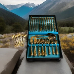 Vintage William Rogers & Sons Besteck Silberbesteck vergoldet Set Rose mit Etui - Bild 1 von 5