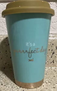 DOGHAUS COFFEE MUG TUMBLER SILICONE LID PURRFECT DAY CAT LOVERS TEAL GOLD BORDER - Picture 1 of 5
