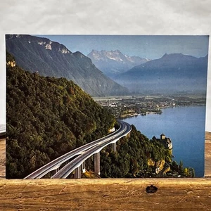 Vintage 80s Switzerland Postcard Montreux Chillon Castle Mountain Water Highway - Picture 1 of 3