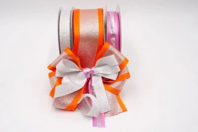 25 yd Ribbon Set - 1.5” 3/8” 1/8” Metallic Orange & White Herringbone Craft - Image 1 of 4
