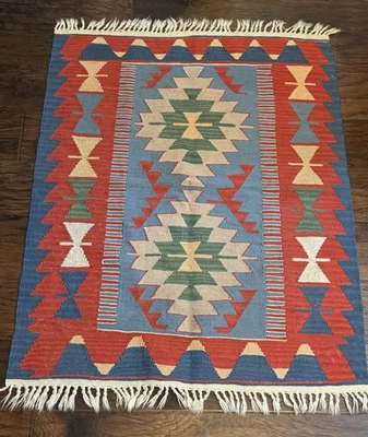 Плоский тканый красный и синий геометрический турецкий? Ковер Kilim 3 фута x 4 дюйма *ЧИТАЙТЕ* - Изображение 1 из 4