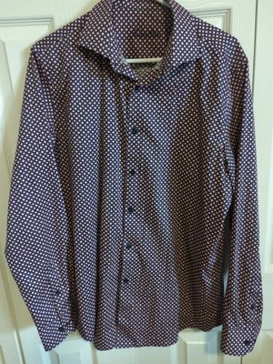 Camisa de vestir Tasso Elba para hombre MED 15-15,5 rosa azul marino LS moderna geométrica USADA UNA VEZ  Foto 1 de 4