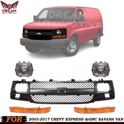 Front Grille Primed + Headlights Kit For 2003-2017 Chevy Express &GMC Savana Van Foto 1 de 4
