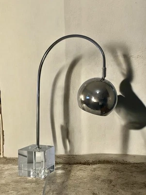 Vintage Chrome Gooseneck with Glass Cube Base Tabletop Lamp Adjustable WORKS! - Image 1 of 4