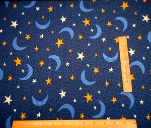 Quilt Fabric 1 Yard Gold Ivory Stars Blue Moon Dk Blue Black Leaf Sky Cotton Vtg - Picture 1 of 2