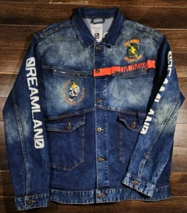Dreamland Mens DENIM JACKET 3XL Distressed Embroidered Graphic Designer  - Picture 1 of 3
