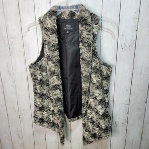 TART Collections Women's Beige Black Faux Fur Vest Size Medium Lined Open Front - Picture 1 of 7