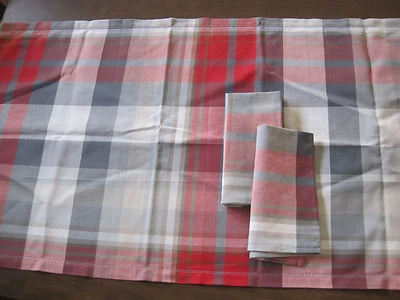 Italian Table Runner & 2 Napkins Cotton Red Blue Gray Plaid 21"W x 64"L  Italy - Image 1 of 4