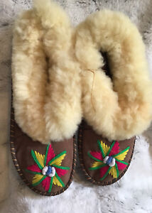 Genuine Embroidered￼￼ Moccasin Leather Sheepskin Slippers Made In Poland As Is