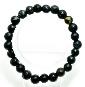 Black Stripe Agate Bracelet Natural Smooth Gemstone Beads Stretch Cord - PGB66 - Picture 1 of 3