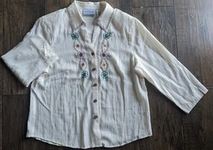 Alfred Dunner Blouse Size 10P Cream Button Down 3/4 Sleeve Striped Embroidery - Picture 1 of 12