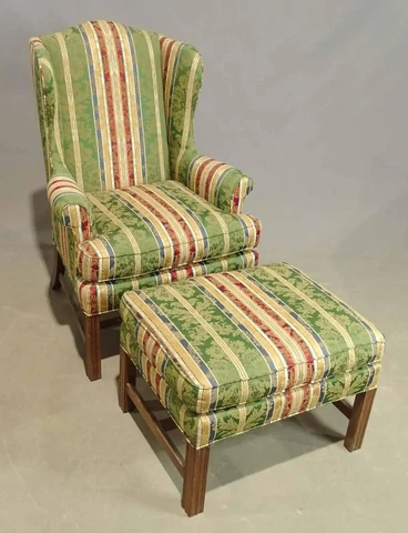 Woodmark Chippendale Wing Chair with Matching Ottoman Damask Striped Fabric Cover