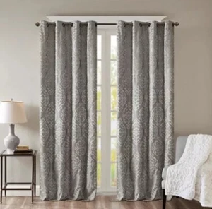 Sunsmart Mirage 50" x 95" Damask Total Blackout Curtain Panels (2) Charcoal - Picture 1 of 6
