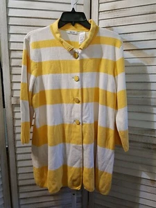 Liz Company Womens Sweater Size XL Yellow and White Striped Button Front - Picture 1 of 9