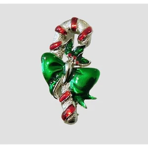 Christmas Pin Candy Cane Silver Tone Red Green Ribbon 2”x1” Boxed Holiday - Picture 1 of 4